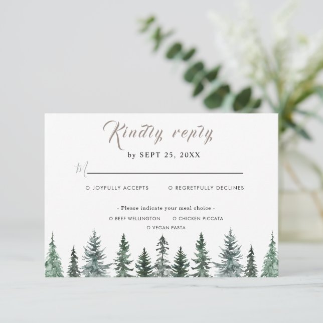 Forest Wintre Watercolor Wedding RSVP Card (Standing Front)