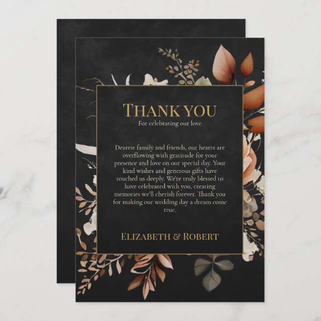 Forest Witch Black Floral Wedding Thank You Card (Front/Back)