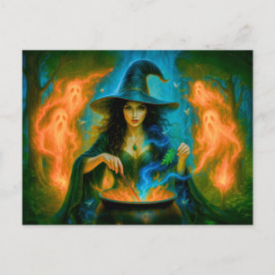 Forest witch summoning glowing spirits holiday postcard