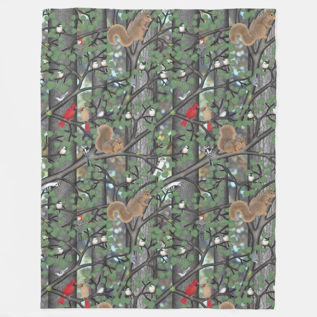forest with birds and squirrels fleece blanket (Front)