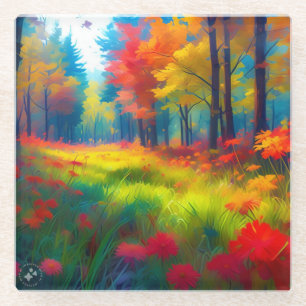 Forest with Colourful Trees And Flowers Glass Coaster