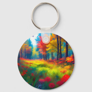 Forest with Colourful Trees And Flowers Key Ring