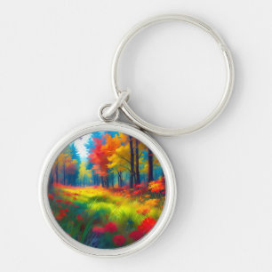 Forest with Colourful Trees And Flowers Key Ring