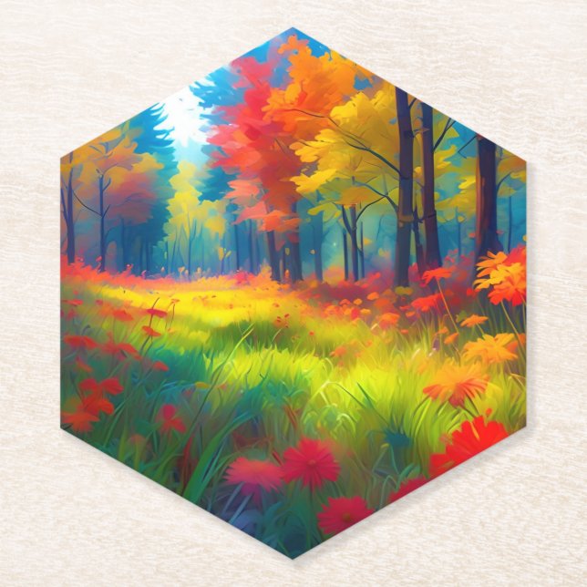 Forest with Colourful Trees And Flowers Paper Coaster (Front)