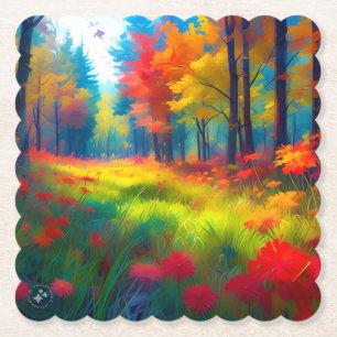 Forest with Colourful Trees And Flowers Paper Coaster