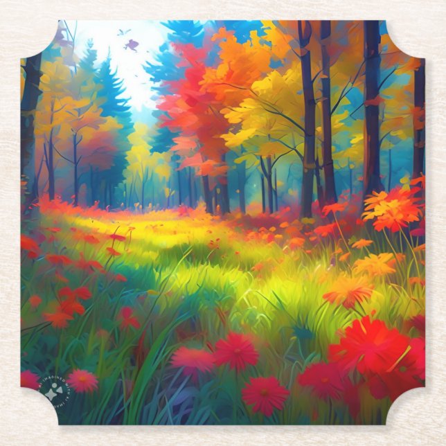 Forest with Colourful Trees And Flowers Paper Coaster (Front)