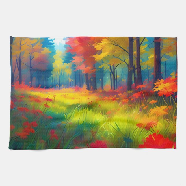 Forest with Colourful Trees And Flowers Tea Towel (Horizontal)
