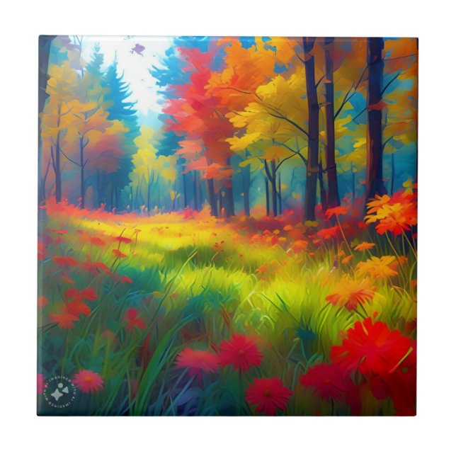 Forest with Colourful Trees And Flowers Tile (Front)