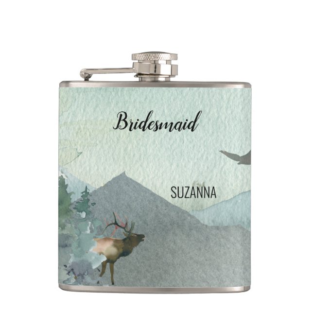 Forest Wonder Rustic Pine Bridesmaid Wedding Hip Flask (Front)