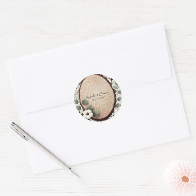 Forest Wood Eucalyptus & Cotton Rustic Wedding Classic Round Sticker (Envelope)