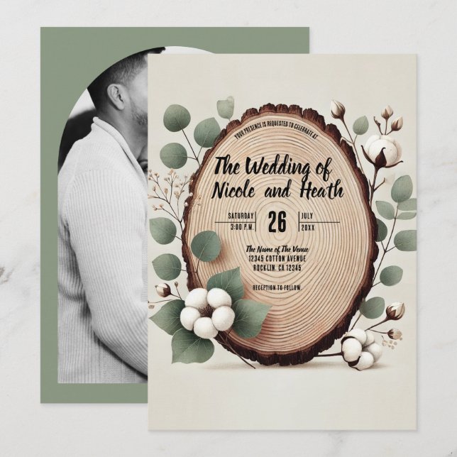 Forest Wood Eucalyptus & Cotton Rustic Wedding Invitation (Front/Back)