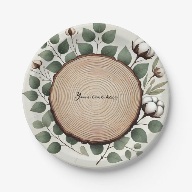 Forest Wood Eucalyptus & Cotton Rustic Wedding Paper Plate (Front)
