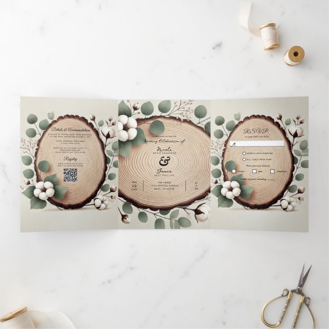 Forest Wood Eucalyptus & Cotton Rustic Wedding Tri-Fold Invitation (Inside)