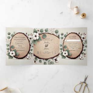 Forest Wood Eucalyptus & Cotton Rustic Wedding Tri-Fold Invitation