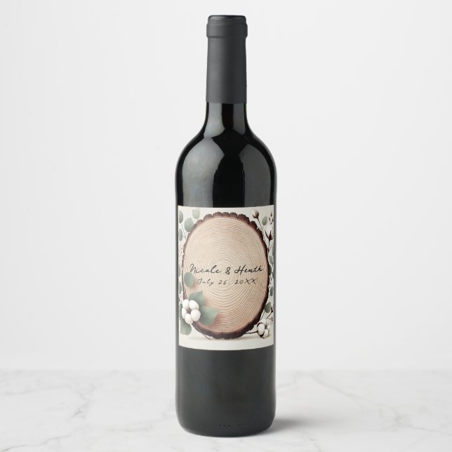 Forest Wood Eucalyptus & Cotton Rustic Wedding Wine Label (Front)