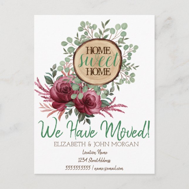 Forest Wood Theme,Roses Home Sweet Home Announcement Postcard (Front)