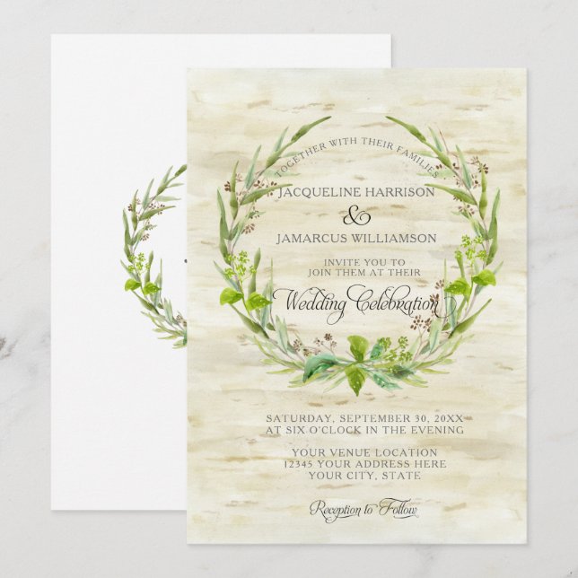 Forest Wood Woodland BOHO Birch Bark Wood Wreath Invitation (Front/Back)