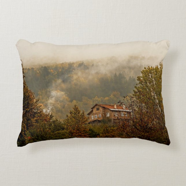 Forest Wooden House: Tranquil Scene Decorative Cushion (Front)