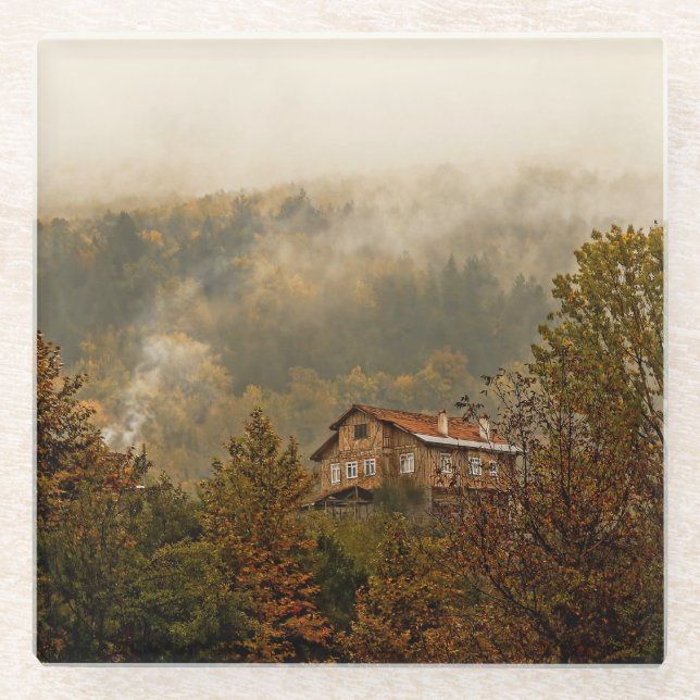 Forest Wooden House: Tranquil Scene Glass Coaster (Front)