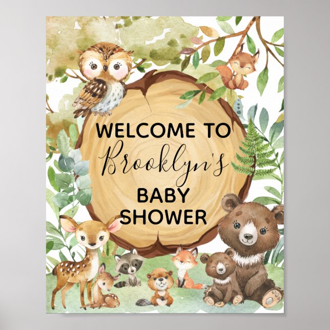 Forest Woodland Animal Baby Shower welcome Board Poster (Front)