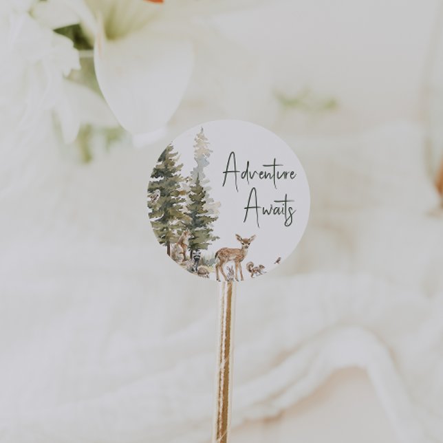 Forest Woodland Animals Adventure Awaits Favour Classic Round Sticker (Creator Uploaded)