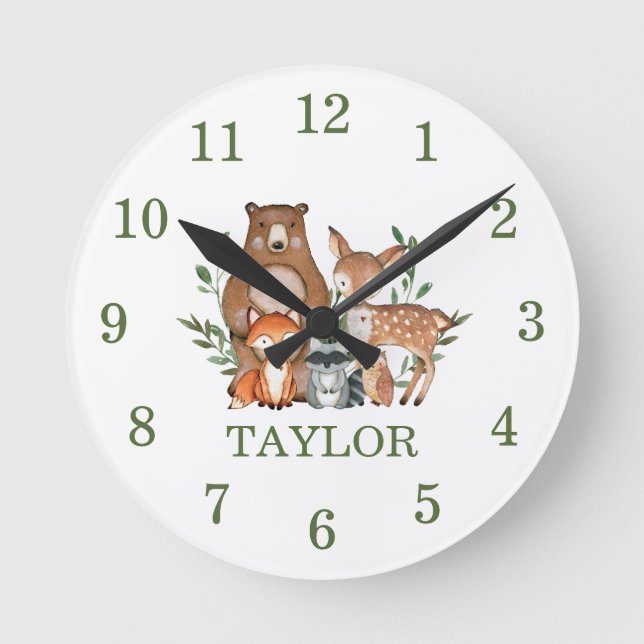 Forest Woodland Animals Bear Deer Fox Owl Numeral Round Clock (Front)