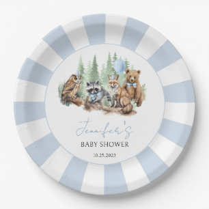 Forest Woodland animals blue boy baby shower Paper Plate