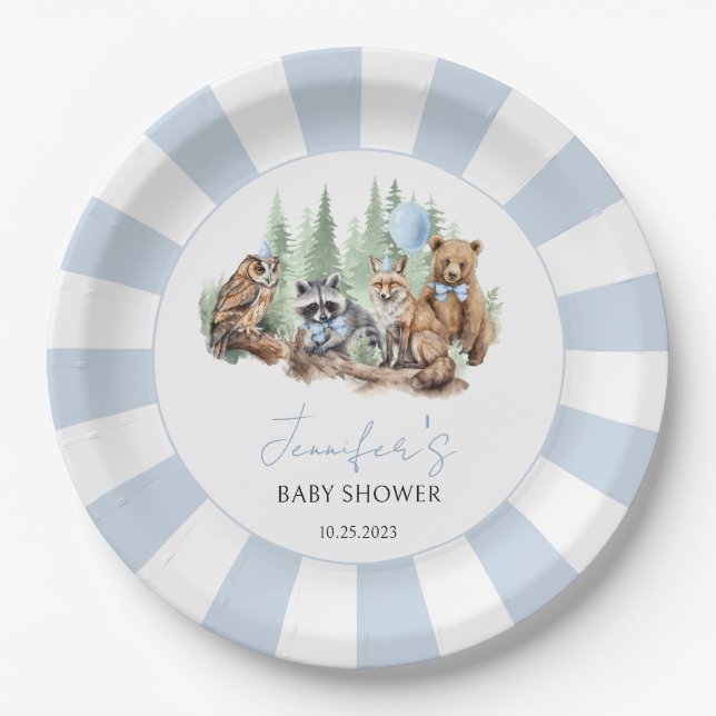 Forest Woodland animals blue boy baby shower Paper Plate (Front)