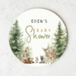 Forest Woodland Animals Cute Baby Shower Round Paper Coaster<br><div class="desc">Introducing our forest woodland animals cute baby shower round paper coaster – perfect for a cute and whimsical celebration! Featuring a modern watercolor forest theme with adorable creatures like a fox, brown bear, bunny, and deer, it's great for a gender-neutral shower. This bohemian design sets a sweet and simple scene...</div>