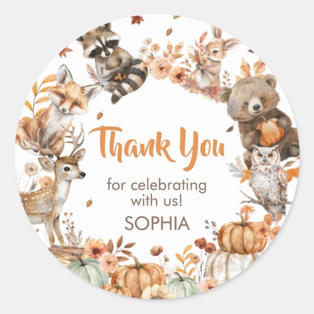 Forest Woodland Animals Pumpkin Birthday Party Classic Round Sticker (Front)