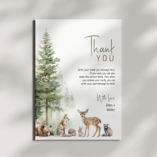Forest Woodland Animals Vertical Baby Shower Flat Thank You Card (Creator Uploaded)