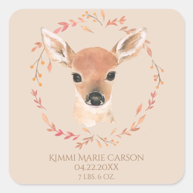 Forest Woodland Animals Watercolor Simple Birth Square Sticker (Front)