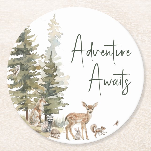 Forest Woodland Animals We Can Bearly Wait Round Paper Coaster (Front)