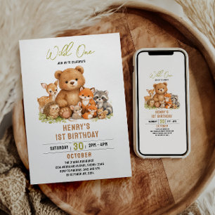 Forest Woodland Animals Wild One 1st Birthday Invitation