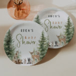 Forest Woodland Animals With Name Baby Shower Paper Plate<br><div class="desc">Introducing our forest woodland animals with name baby shower paper plates, perfect for a cute and whimsical celebration! Featuring a watercolor forest story theme with adorable creatures like a fox, bunny, bear, and deer, it's great for a gender-neutral shower. This bohemian-inspired design sets a sweet and simple scene with its...</div>