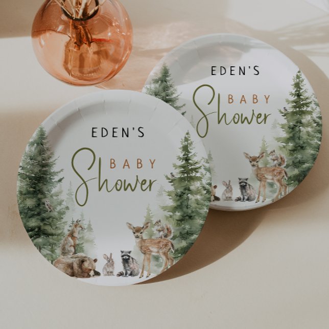 Forest Woodland Animals With Name Baby Shower Paper Plate (Creator Uploaded)