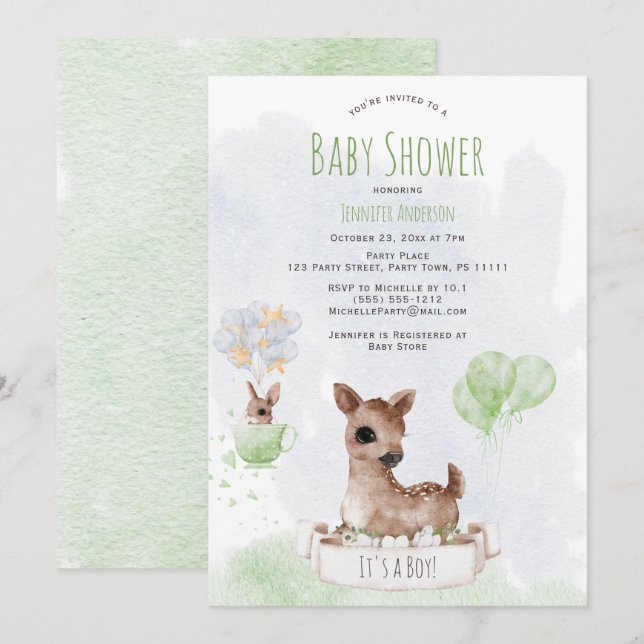 Forest Woodland Baby Deer Watercolor Invitation (Front/Back)