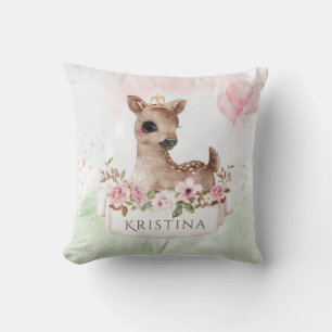 Forest Woodland Baby Girl Deer Watercolor Name  Cushion