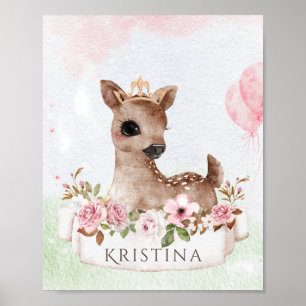 Forest Woodland Baby Girl Deer Watercolor Name Poster