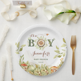 Forest Woodland Baby Shower Mushrooms Greenery Paper Plate