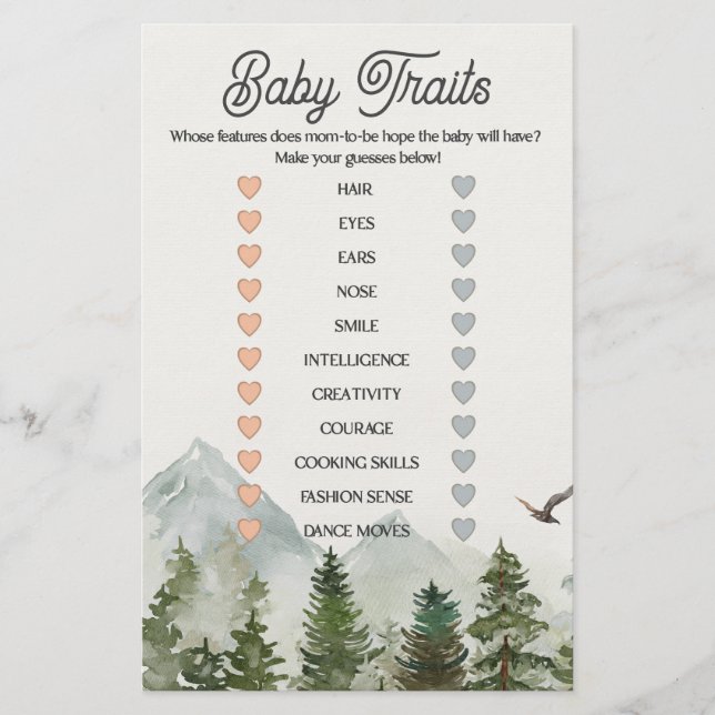 forest woodland baby traits baby shower game  (Front)
