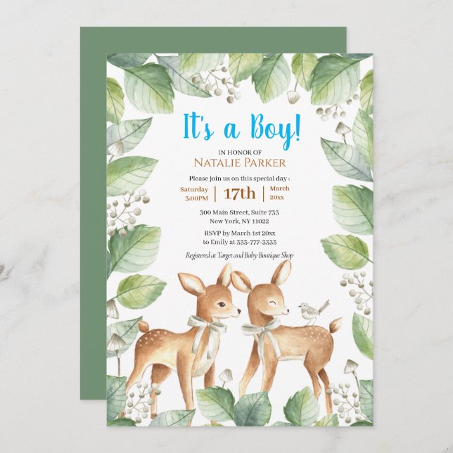 Forest Woodland Deer Floral Boy Baby Shower Invitation (Front/Back)