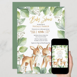 Forest Woodland Deer Floral Greenery Baby Shower Invitation