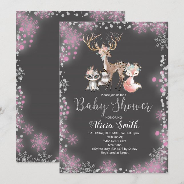 Forest woodland girl baby shower invitation (Front/Back)