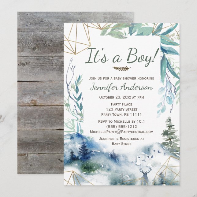 Forest Woodland Gold Country Deer Boy Baby Shower Invitation (Front/Back)