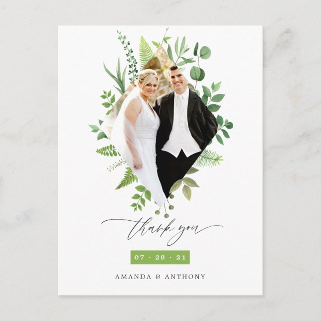 Forest Woodland Greenery Wedding Photo Thank You Postcard (Front)