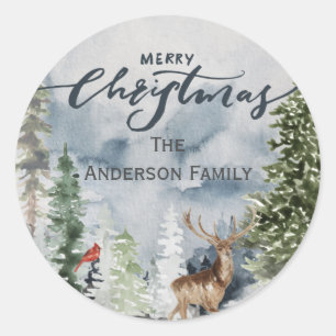 Forest Woodland Merry Christmas Family Name Classic Round Sticker