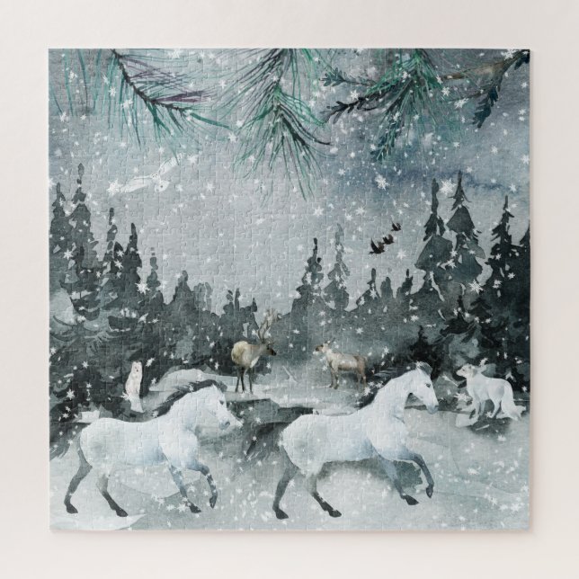 Forest Woodland Night Sky White Horse & Animals Jigsaw Puzzle (Vertical)