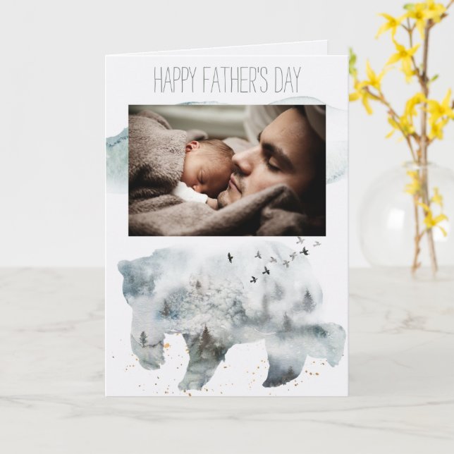 Forest Woodland Pine Father's Day Bear with Photo Card (Yellow Flower)
