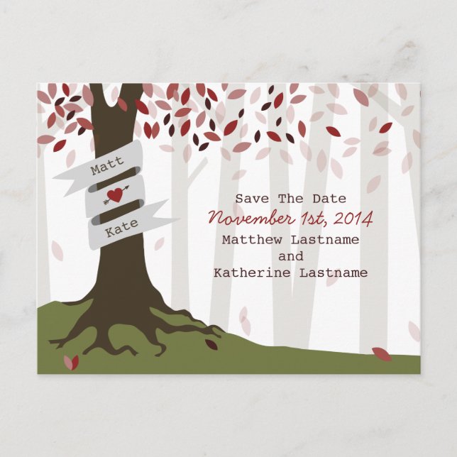 Forest / Woodland Red Wedding Save The Date Announcement Postcard (Front)